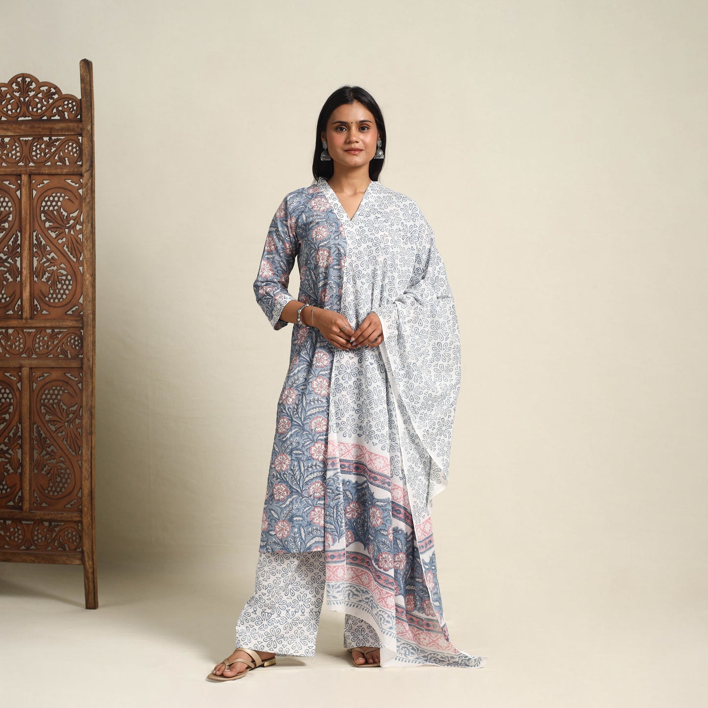 Buy Blue Block Print Cotton Sanganeri Kurta Set