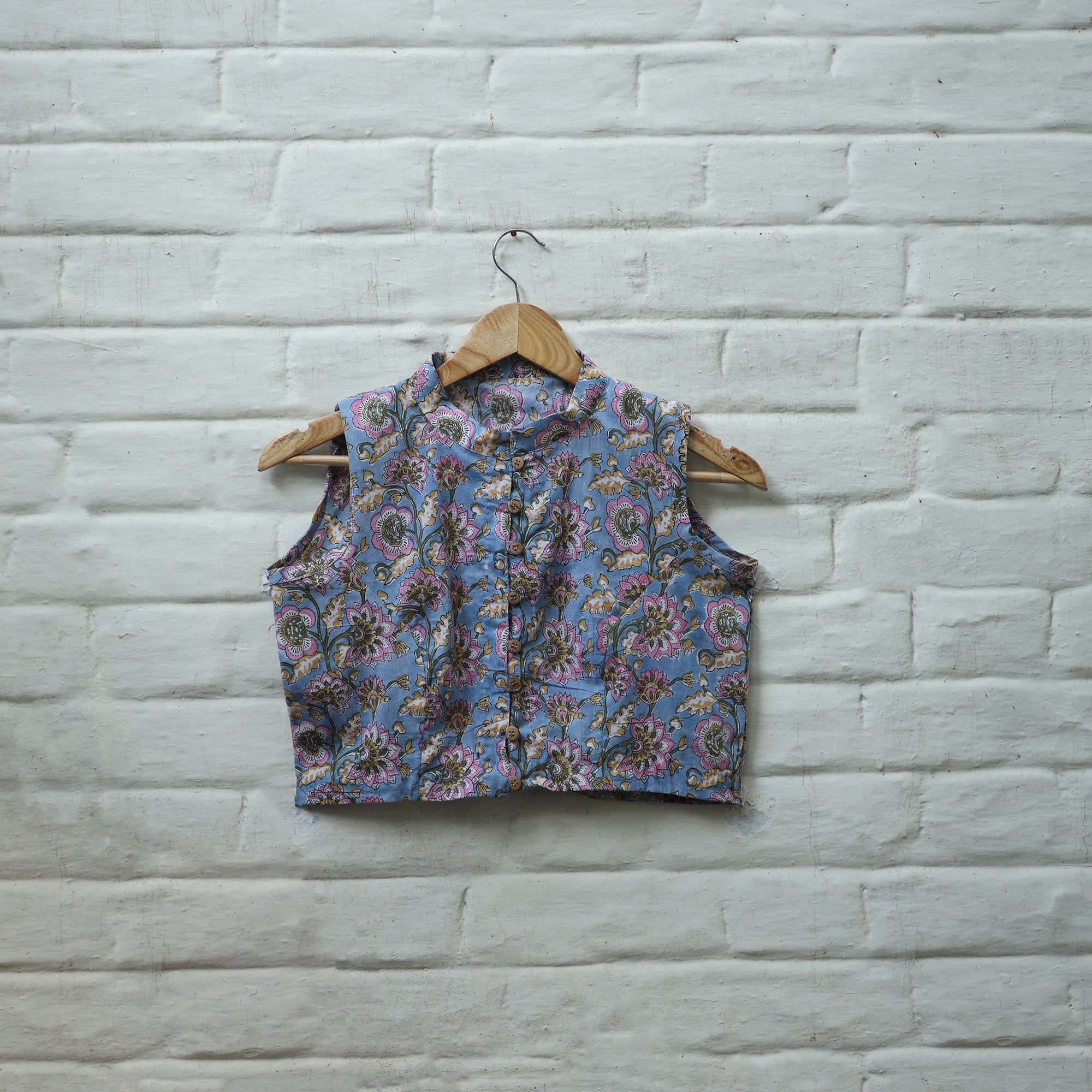 Buy Blue Block Print Cotton Sanganeri Stitched Blouse