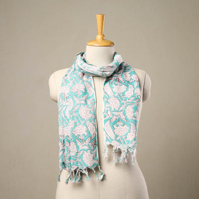Blue - cotton sanganeri stole with tassels 124 - handcrafted