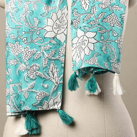 Buy Blue Block Print Cotton Sanganeri Stole with Tassels