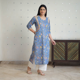 Blue - cotton straight sanganeri kurta 09 - handcrafted