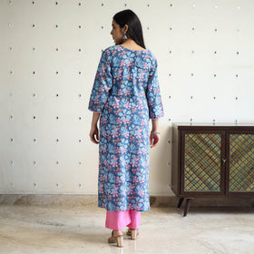 Blue Block Print Cotton Straight Sanganeri Kurta for Women