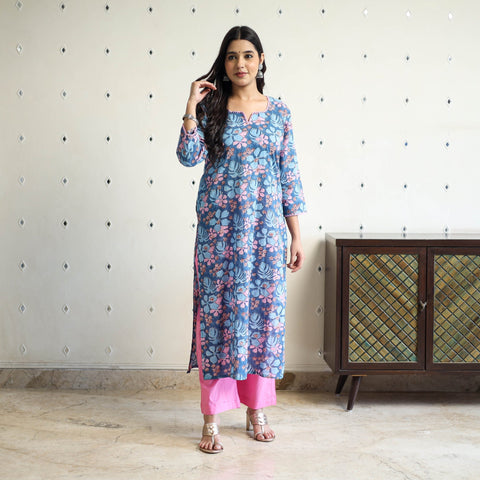 Blue Block Print Cotton Straight Sanganeri Kurta for Women