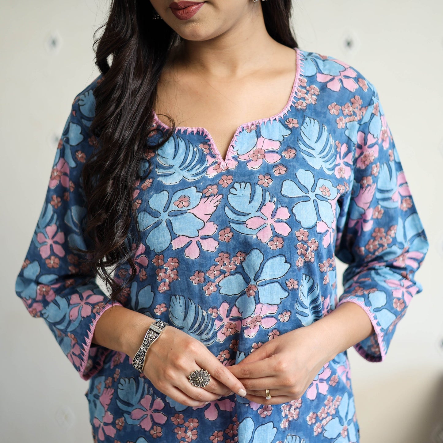 Blue Block Print Cotton Straight Sanganeri Kurta for Women