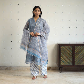 Blue Block Print Kota Doria Cotton Sanganeri Kurta Set (Set of 3) 