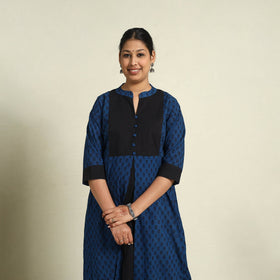 Blue Block Print Mul Cotton A-Line Bagh Kurta for Women