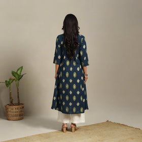 Blue Block Print Natural Dyed Cotton A-Line Ajrakh Kurta