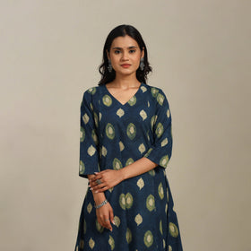 Blue Block Print Natural Dyed Cotton A-Line Ajrakh Kurta