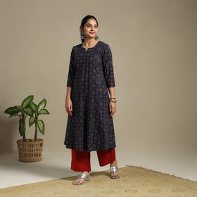 Blue Block Print Natural Dyed Cotton A-Line Ajrakh Kurta