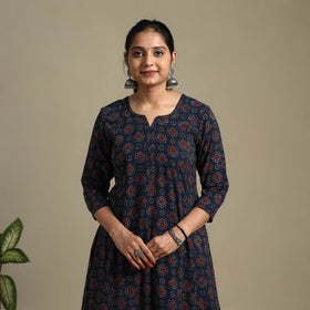 Blue Block Print Natural Dyed Cotton A-Line Ajrakh Kurta