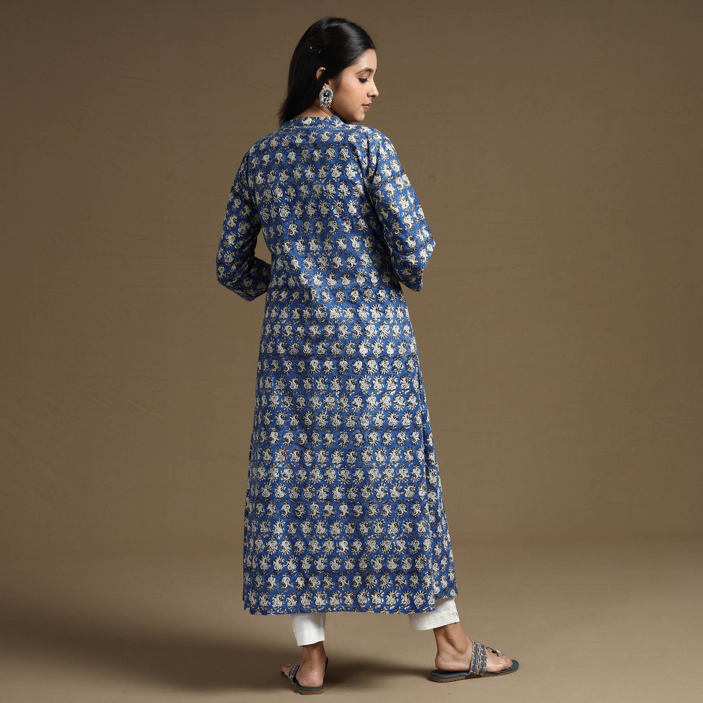 Blue Block Print Natural Dyed Cotton A-Line Bagru Kurta 