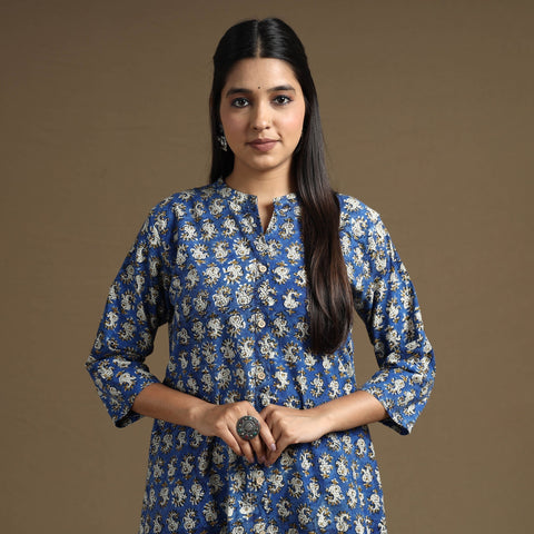 Blue Block Print Natural Dyed Cotton A-Line Bagru Kurta 