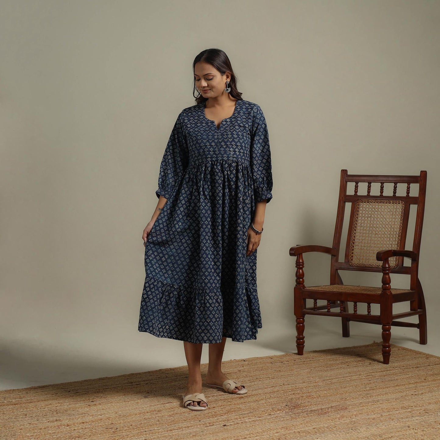 Natural dyed cotton pintuck tiered dress 02 - handcrafted