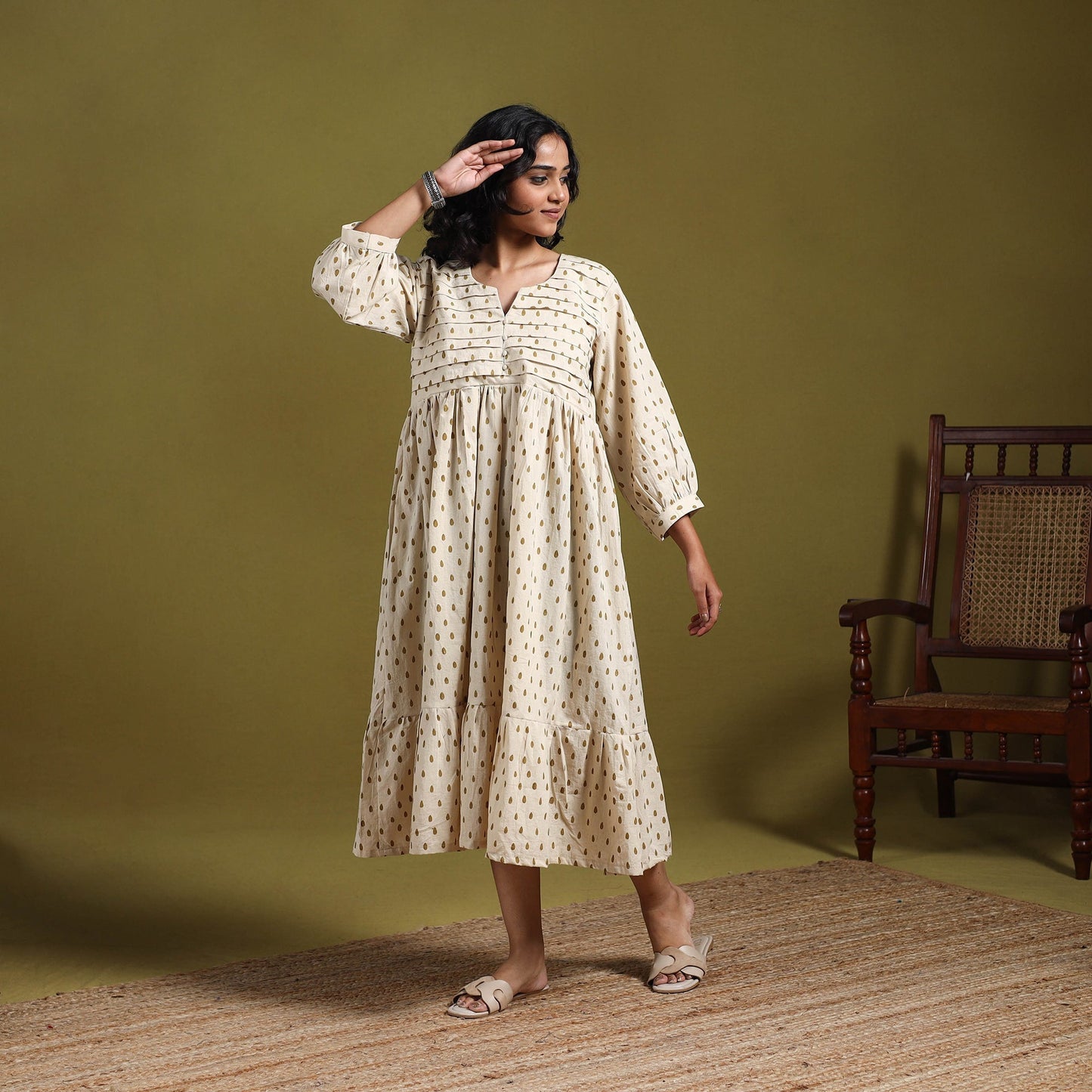 Natural dyed cotton pintuck tiered dress 16 - handcrafted