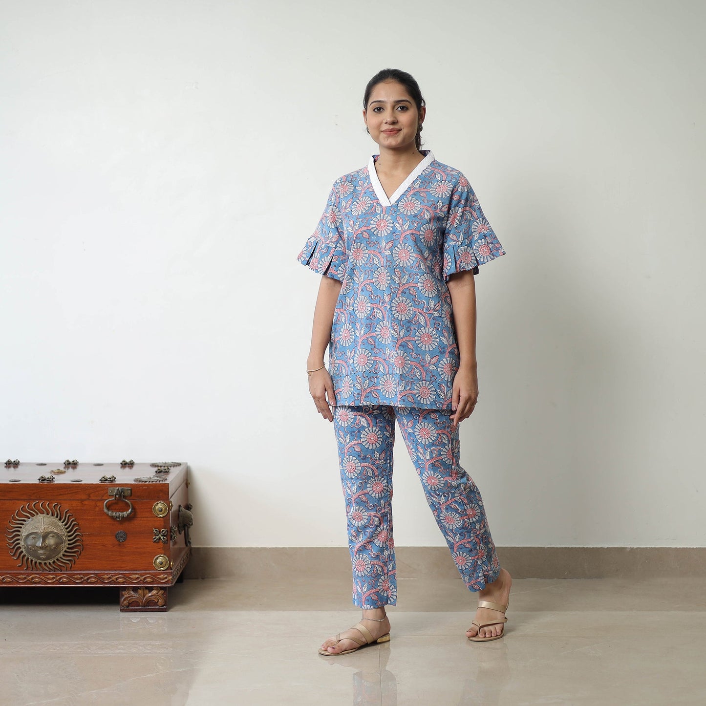  Blue Block Printed Cotton Sanganeri Co-Ord Set