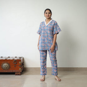  Blue Block Printed Cotton Sanganeri Co-Ord Set
