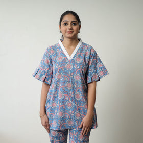  Blue Block Printed Cotton Sanganeri Co-Ord Set