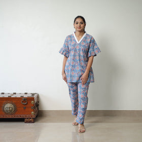  Blue Block Printed Cotton Sanganeri Co-Ord Set