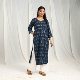 Block Print Cotton Blue Straight Ajrakh Kurta for Women