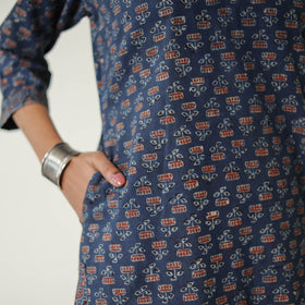 Blue Block Printed Cotton Straight Ajrakh Kurta for Women