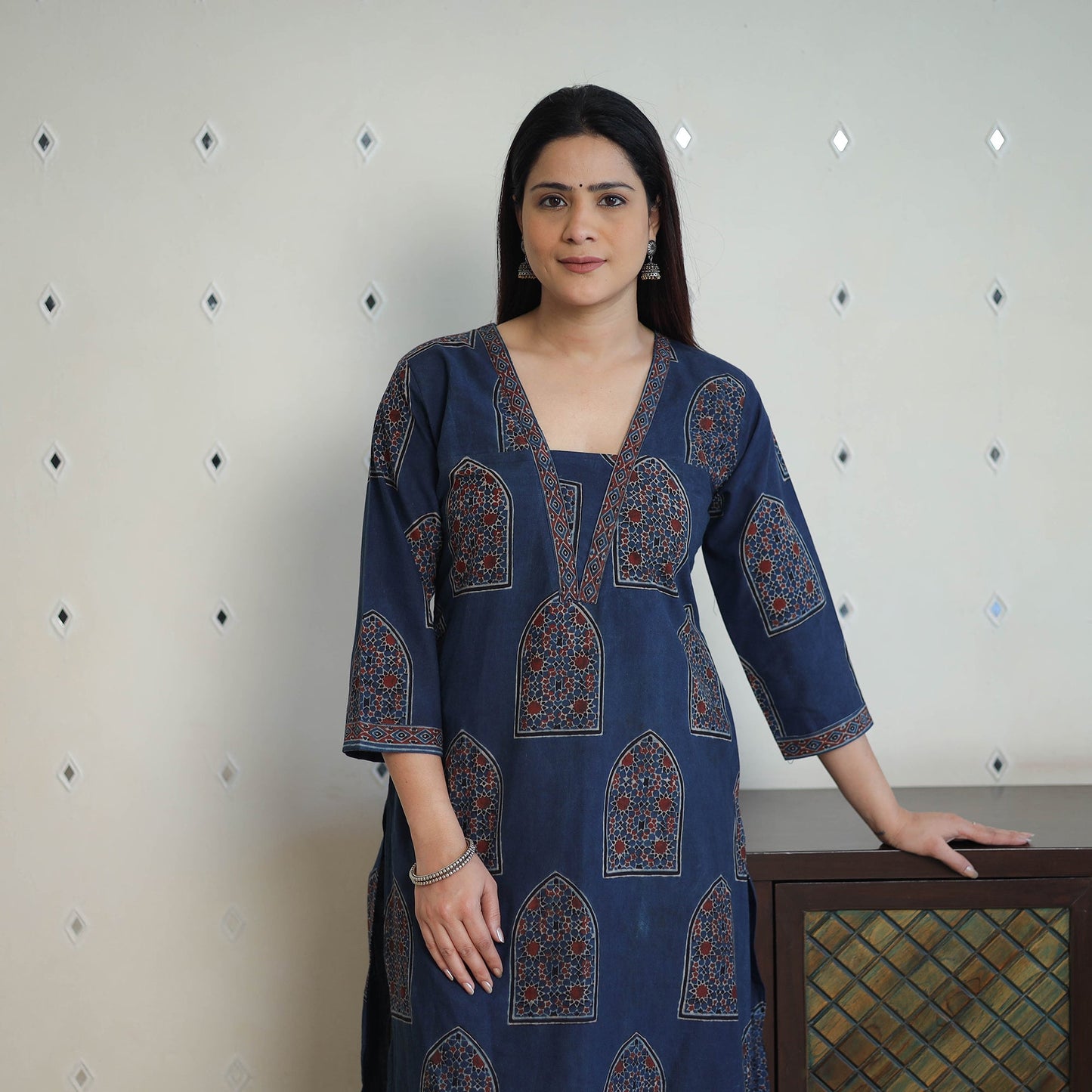 Shop Blue Block Printed Cotton Straight Ajrakh Kurta Online