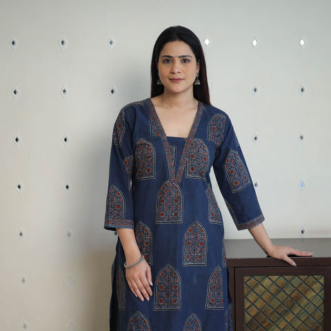 Shop Blue Block Printed Cotton Straight Ajrakh Kurta Online