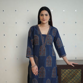 Shop Blue Block Printed Cotton Straight Ajrakh Kurta Online