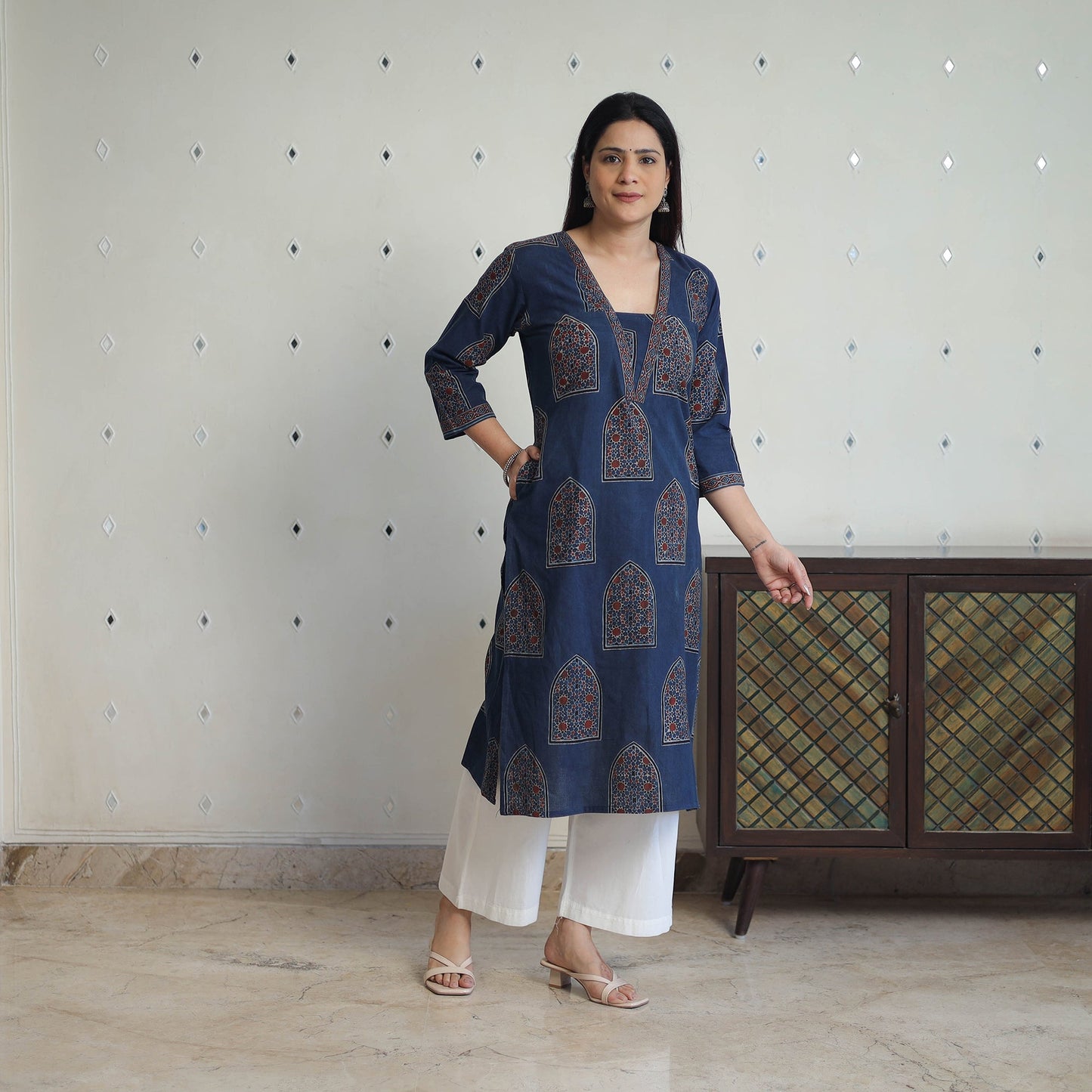 Shop Blue Block Printed Cotton Straight Ajrakh Kurta Online