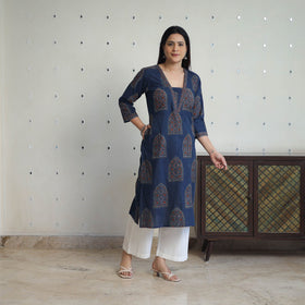 Shop Blue Block Printed Cotton Straight Ajrakh Kurta Online