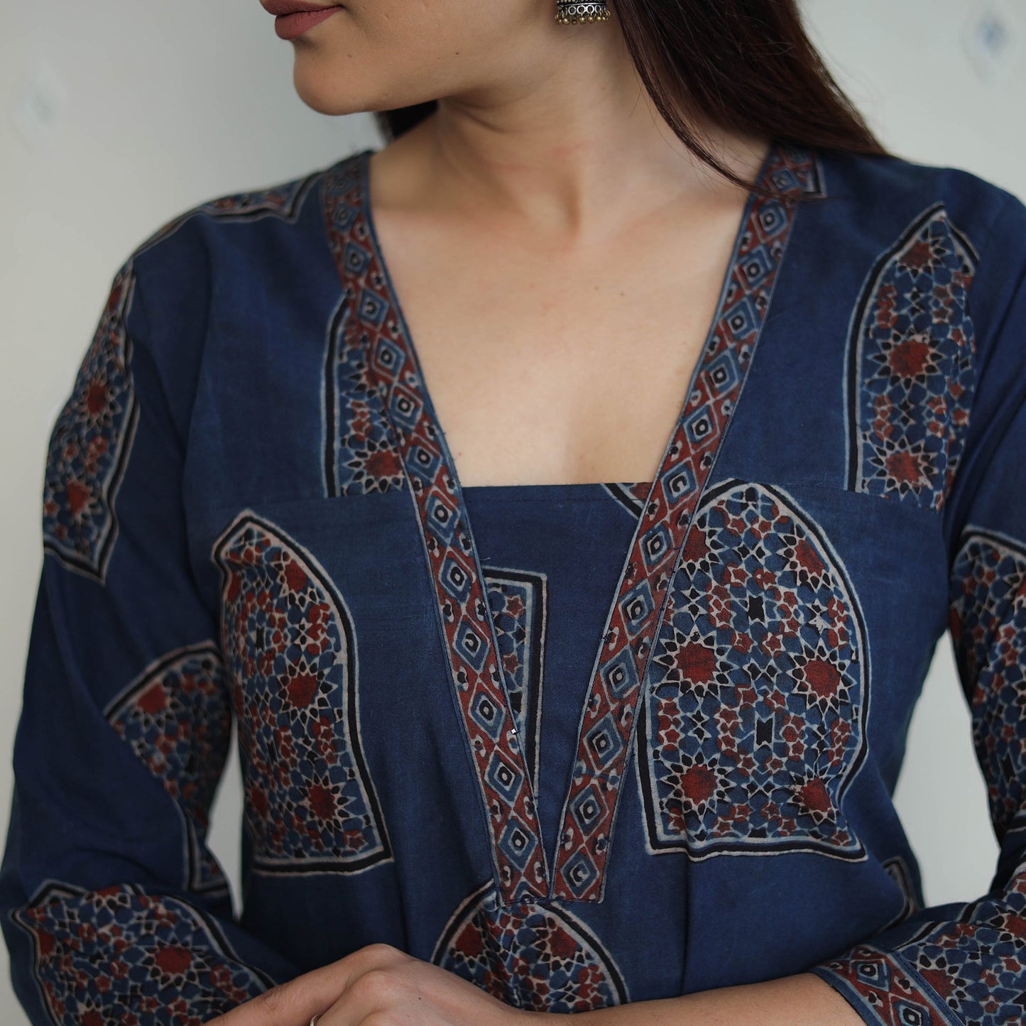 Shop Blue Block Printed Cotton Straight Ajrakh Kurta Online