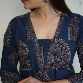 Shop Blue Block Printed Cotton Straight Ajrakh Kurta Online