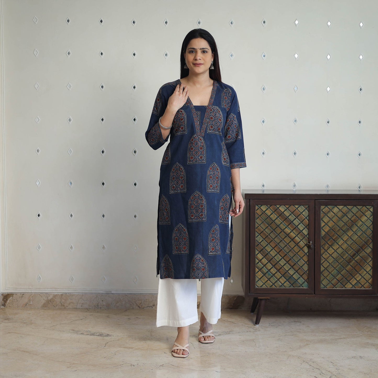 Shop Blue Block Printed Cotton Straight Ajrakh Kurta Online