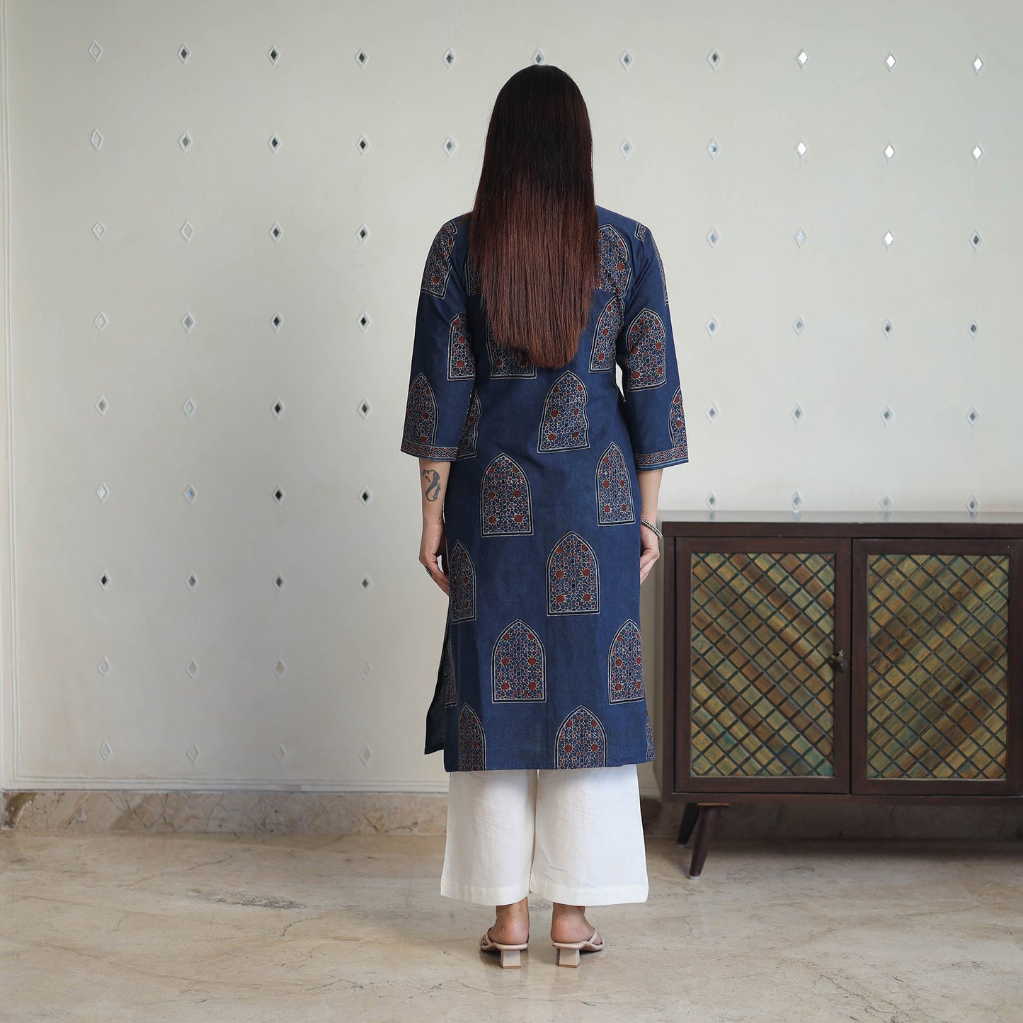 Shop Blue Block Printed Cotton Straight Ajrakh Kurta Online