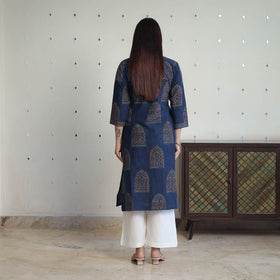 Shop Blue Block Printed Cotton Straight Ajrakh Kurta Online