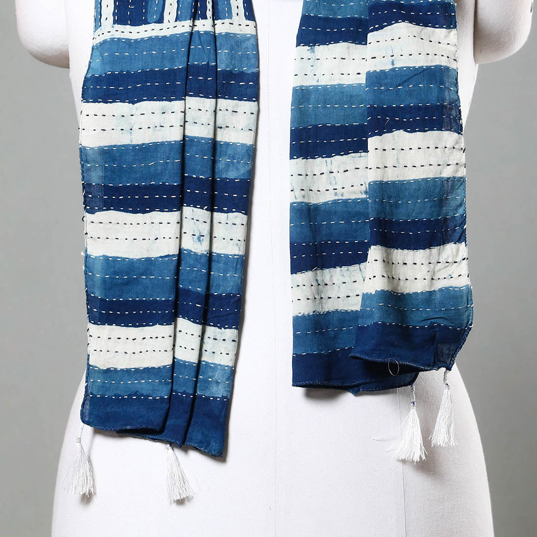 Buy Blue Block Printed Tagai Work Cotton Stole 