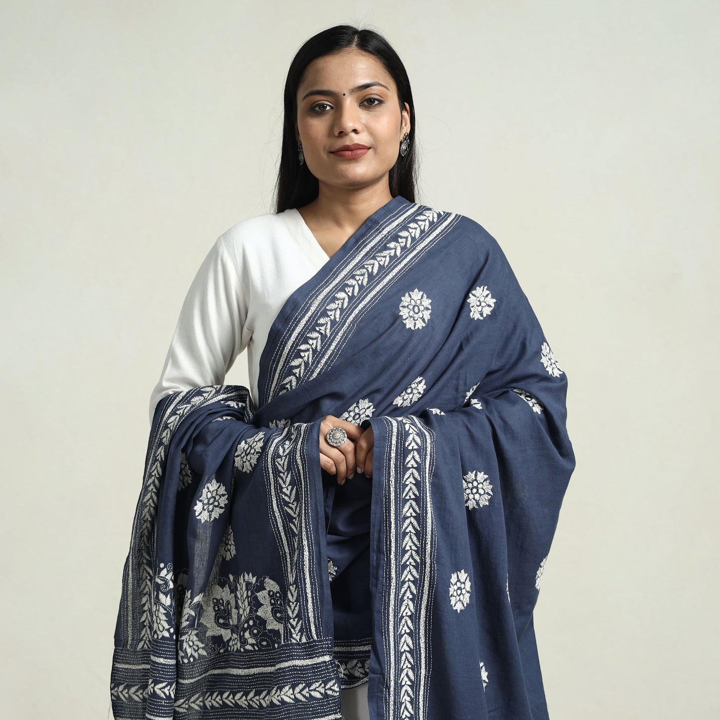 Blue - Bolpur Kantha Embroidery Cotton Handloom Dupatta with Tassels