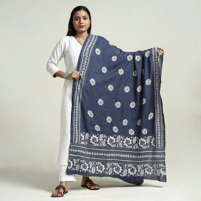Blue - Bolpur Kantha Embroidery Cotton Handloom Dupatta with Tassels