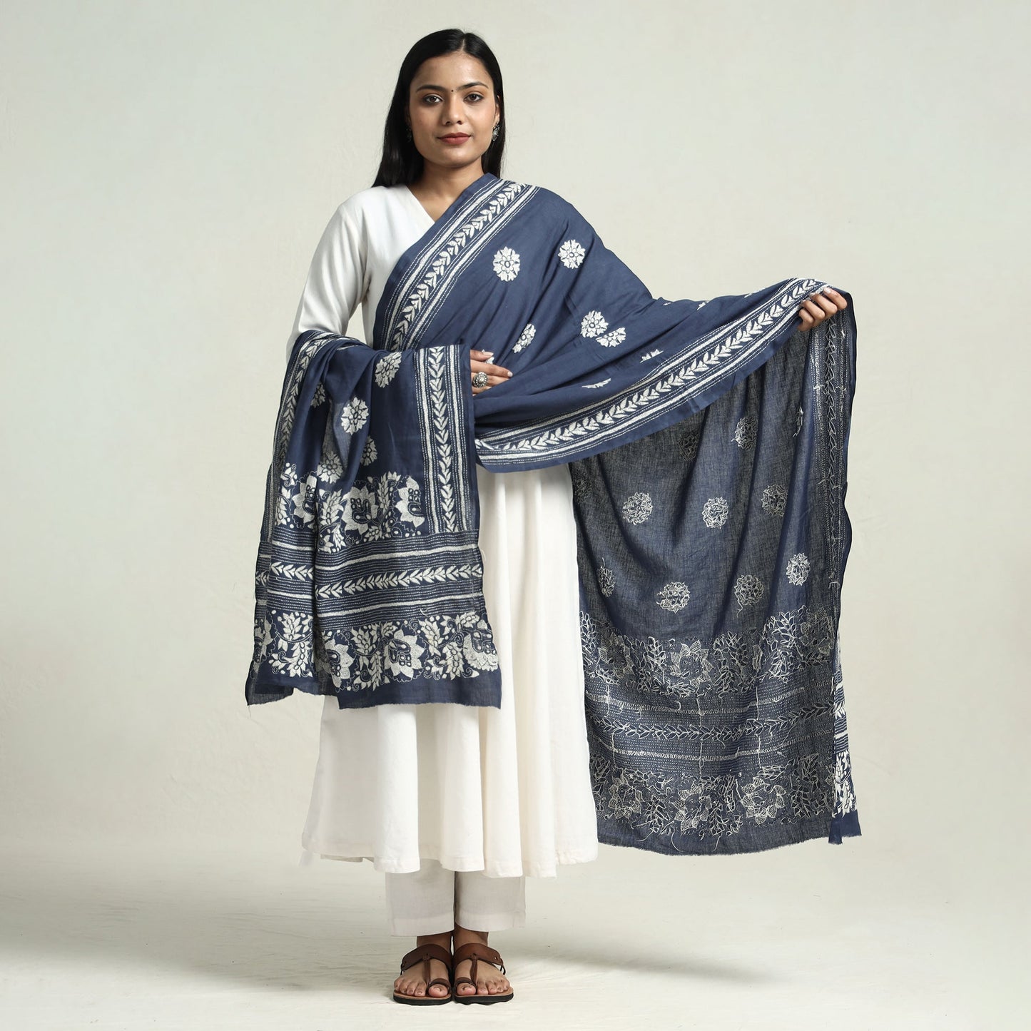 Blue - Bolpur Kantha Embroidery Cotton Handloom Dupatta with Tassels