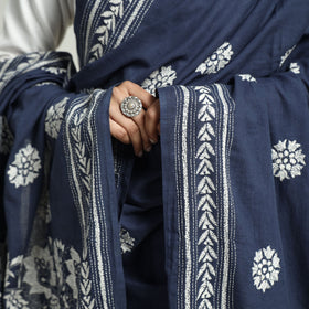 Blue - Bolpur Kantha Embroidery Cotton Handloom Dupatta with Tassels