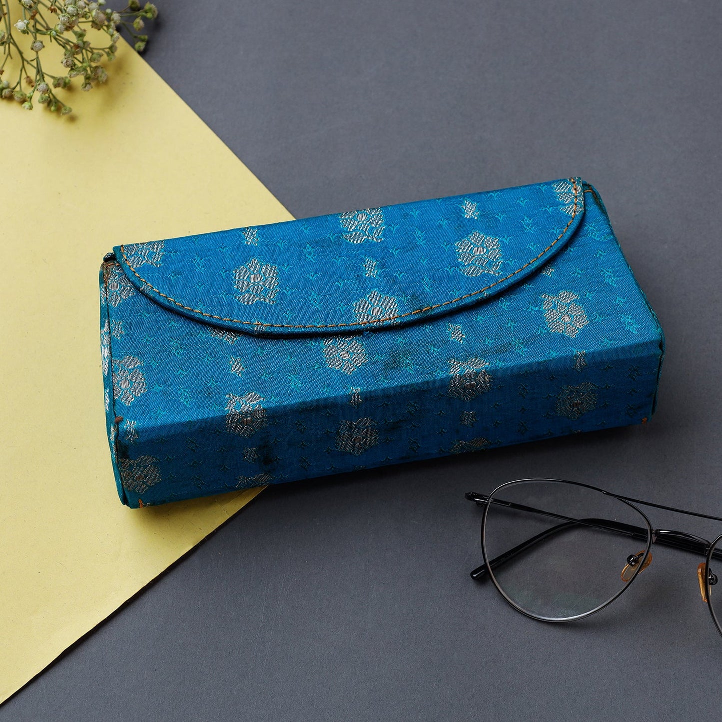 Blue Brocade Silk Fabric Embellished Spectacle Case