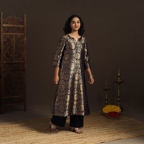 Blue - brocade silk a-line banarasi kurta 08 - handcrafted