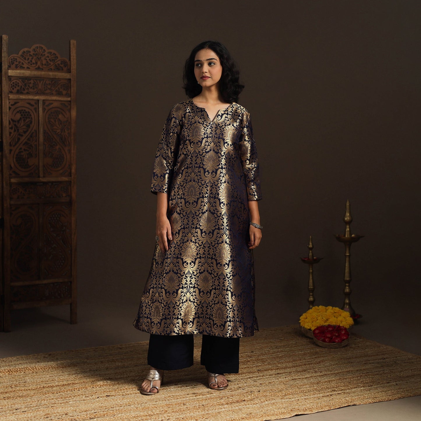 Blue - brocade silk a-line banarasi kurta 08 - handcrafted