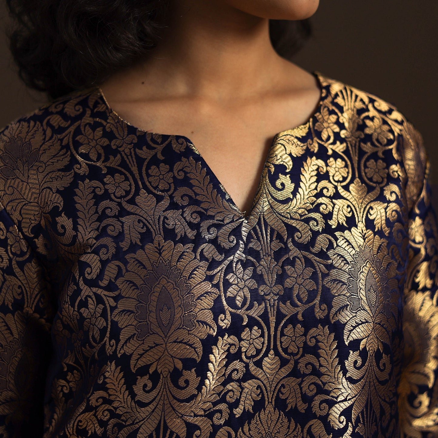Blue - brocade silk a-line banarasi kurta 08 - handcrafted