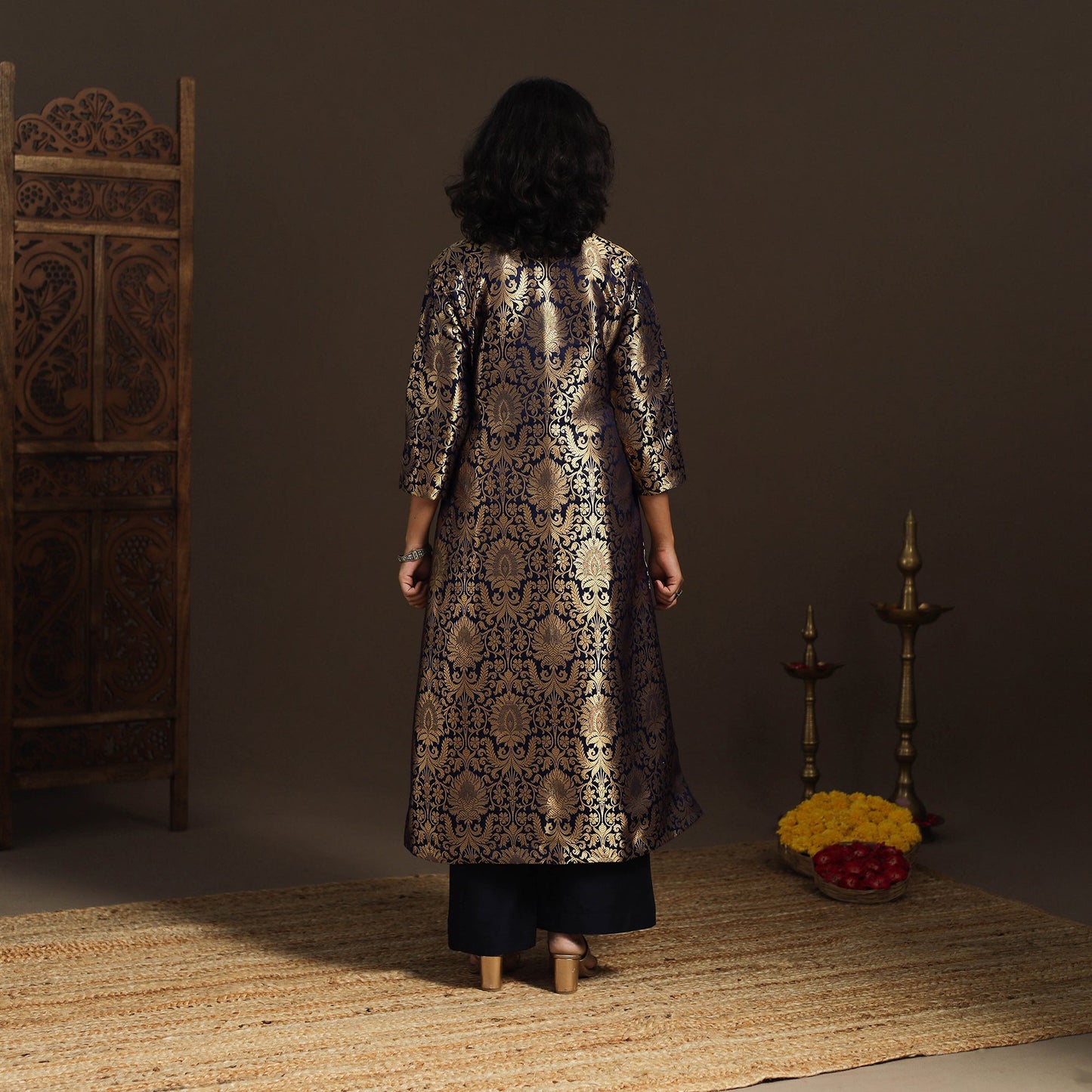 Blue - brocade silk a-line banarasi kurta 08 - handcrafted