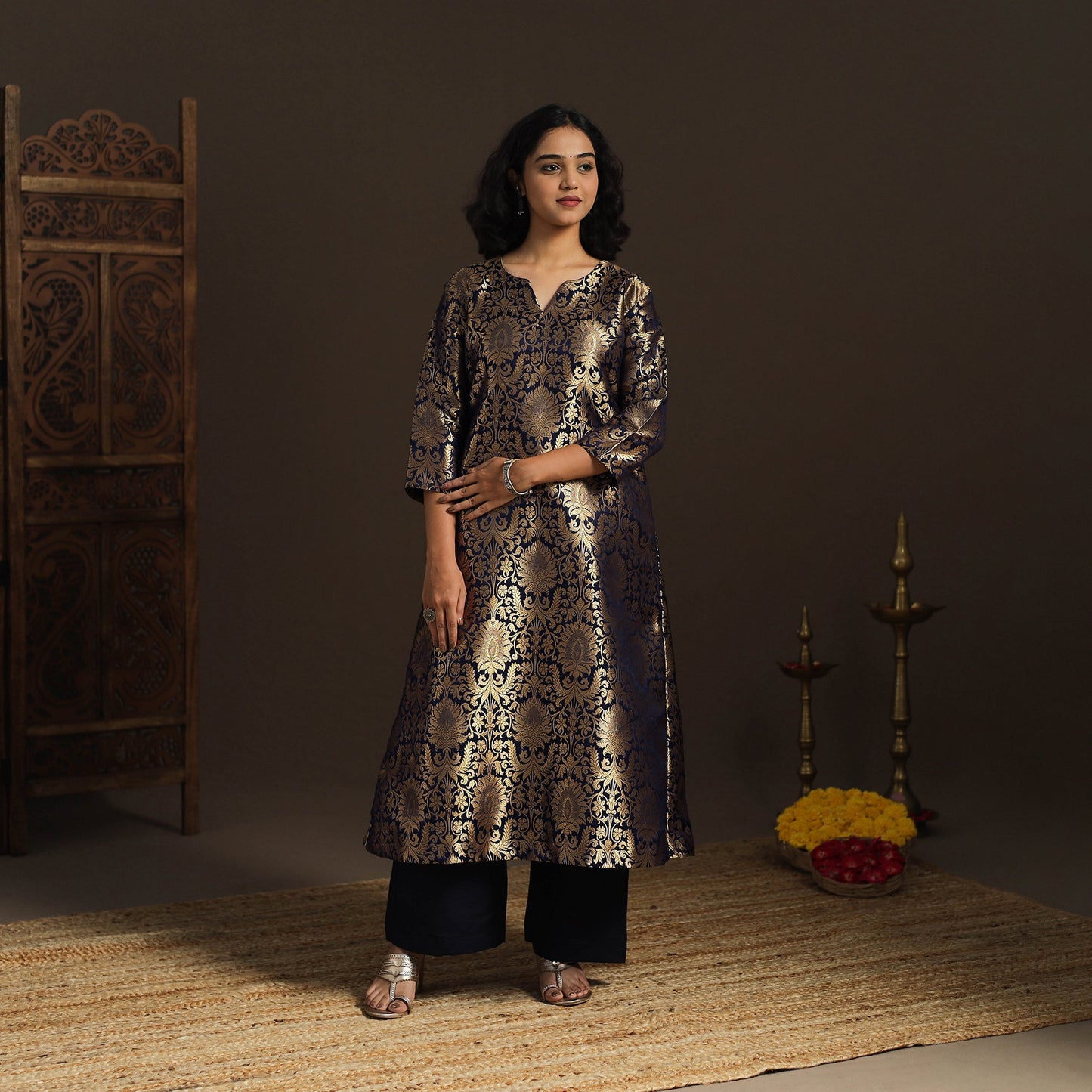 Blue - brocade silk a-line banarasi kurta 08 - handcrafted