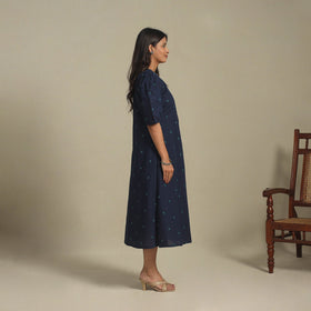 Blue - button down cotton jacquard dress 02 - handcrafted