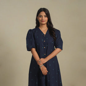 Blue - button down cotton jacquard dress 02 - handcrafted