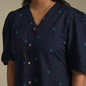 Blue - button down cotton jacquard dress 02 - handcrafted