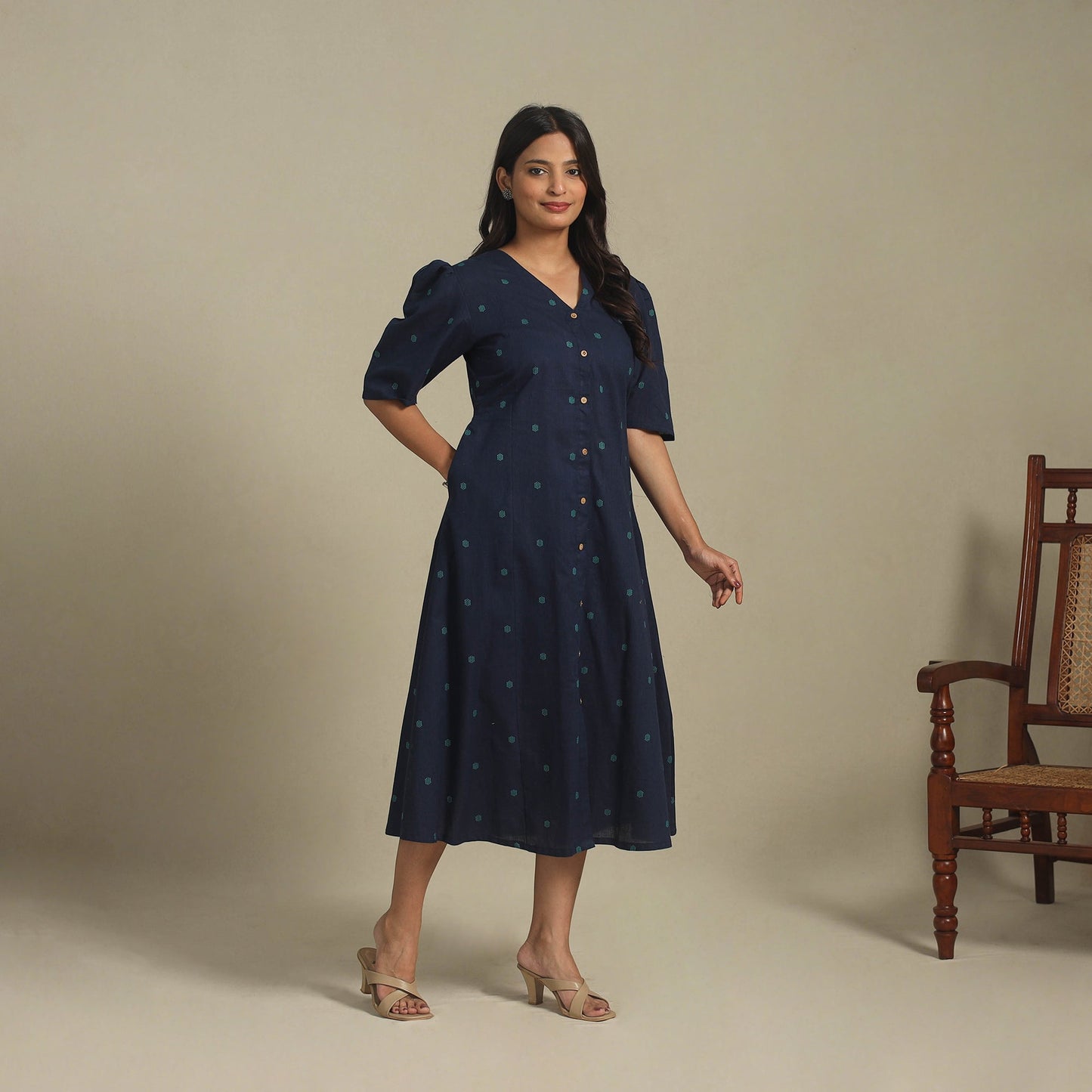 Blue - button down cotton jacquard dress 02 - handcrafted