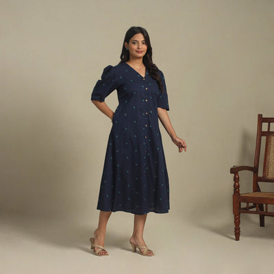 Blue - button down cotton jacquard dress 02 - handcrafted